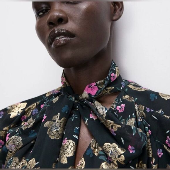 ZARA Metallic‎ Shimmer Tie Neck Blouse Small Gold Floral Statement - Picture 5 of 15